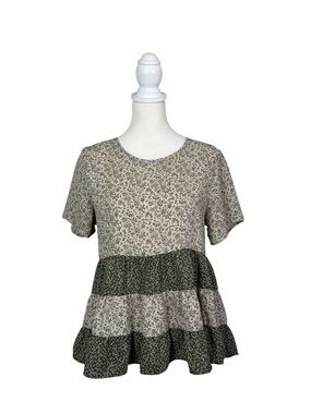 Paper Crane Floral Tiered Babydoll Top Large Cottagecore Boho Peplum Blouse